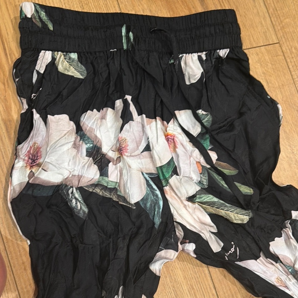 AllSaints Black Floral Print Wide-Leg Trousers